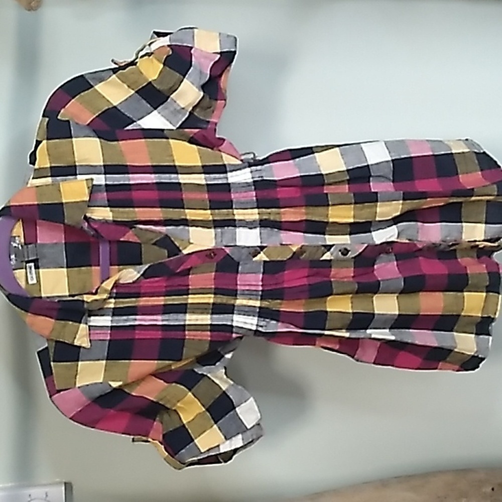 Poetry colourful checkered pattern Full button up rouched upper short sleeve top